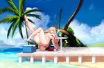  1girl ahoge american_flag_bikini ass bangs beach bikini blonde_hair blue_eyes blue_hawaii blush book breasts cloud cocktail cooler day dock drink drinking_straw flag_print full_body hair_between_eyes hammock highres huge_breasts hurricane_glass last_origin lime_slice long_hair looking_at_viewer official_art open_mouth outdoors p-22_harpyia palm_tree smile snowball22 solo swimsuit tree tropical_drink very_long_hair water 