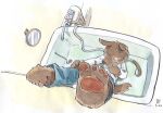  anthro bathroom bathtub bottomwear brown_body brown_fur canid canine canis clothing domestic_dog feet fur inside kemono mammal pants shirt solo topwear utsuki_maito 