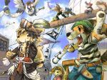  anthro avian blush boat brown_body brown_fur canid canine canis clothing detailed_background domestic_dog eyes_closed female fur group hat headgear headwear humanoid_hands kemono male mammal outside pirate sitting utsuki_maito vehicle watercraft weapon white_body 