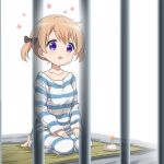  1girl candle gochuumon_wa_usagi_desu_ka? hair_ornament highres hoto_cocoa looking_at_viewer open_mouth prison_cell prison_clothes purple_eyes short_hair suisei_aaru 