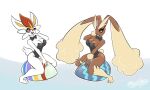  anthro big_breasts big_ears bow_tie breasts brown_body brown_fur cinderace cleavage clothed clothing duo easter easter_egg female fur holidays lagomorph latiar leotard long_ears looking_at_viewer lopunny mammal nintendo open_mouth playboy_bunny pok&eacute;mon pok&eacute;mon_(species) sitting smile video_games white_body white_fur 