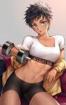  1girl bangs bike_shorts black_hair black_shorts blue_eyes blush breasts clothes_writing collarbone cowboy_shot crop_top earrings fingernails groin hand_up highres holding hua-j jacket jacket_pull jewelry looking_at_viewer medium_breasts midriff mole mole_under_mouth navel one-punch_man open_clothes open_jacket open_mouth sbs shirt short_hair short_sleeves shorts sitting solo spiked_hair star_(symbol) star_earrings stud_earrings suiko_(one-punch_man) toned very_short_hair weightlifting weights white_shirt yellow_jacket 