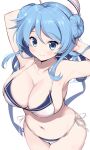  1girl arms_behind_head bare_arms bikini blue_eyes blue_hair breasts closed_mouth collarbone cropped_legs double_bun eyebrows_visible_through_hair kantai_collection large_breasts long_hair navel odawara_hakone side-tie_bikini simple_background smile solo swimsuit urakaze_(kancolle) white_background white_bikini 