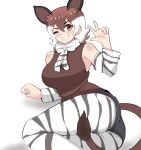  1girl absurdres animal_ears animal_print arm_support ass bare_shoulders bow bowtie breasts brown_eyes detached_sleeves extra_ears eyebrows_visible_through_hair grin hair_between_eyes hand_up highres kemono_friends large_breasts legwear_under_shorts looking_at_viewer lying multicolored_hair nanoder necktie okapi_(kemono_friends) okapi_ears okapi_tail on_side one_eye_closed print_legwear print_neckwear print_sleeves short_shorts shorts sleeveless sleeveless_sweater sleeveless_turtleneck smile solo sweater tail turtleneck turtleneck_sweater twisted_torso two-tone_hair v white_hair 