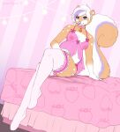  2021 anthro babydoll bed belly big_belly blue_body blue_eyes blue_fur breasts brown_body brown_fur clothed clothing collar female fur furniture hair hand_on_leg hand_on_thigh hi_res highlights_(coloring) legwear looking_at_viewer mammal mephitid multicolored_body multicolored_fur nightgown nipples pregnant purple_body purple_fur purple_highlights signature sitting skunk solo spottedtigress stockings thigh_highs translucent translucent_clothing white_hair 