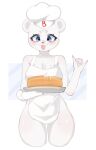  &lt;3 &lt;3_eyes anthro apron bimbo_(bakery) bimbo_bear blue_eyes blush cake chef_hat clothing dessert female food fredek666 frosting fur hat headgear headwear hi_res holding_cake holding_food holding_object mammal pink_tongue portrait solo standing three-quarter_portrait tongue tongue_out ursid white_body white_fur 