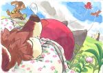  anthro brown_body brown_fur brown_nose canid canine canis clothed clothing detailed_background domestic_dog duo eyes_closed fur kemono lying mammal outside sitting sleeping utsuki_maito 