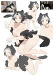  1girl animal animal_ears bangs bare_shoulders barefoot black_hair black_sleeves blush breasts cat cat_ears closed_mouth collarbone commentary detached_sleeves food food_in_mouth frilled_sleeves frills highres large_breasts looking_at_viewer lying multicolored_hair nipples nude onigiri original parted_bangs personification photo-referenced reference_photo reference_photo_inset reference_work short_hair shuaiaba simple_background symbol_commentary tongue tongue_out two-tone_hair white_background white_hair yellow_eyes 