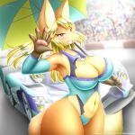  1:1 2021 5_fingers absurd_res amber_eyes anthro big_breasts blonde_hair blush breasts canid canine cleavage clothed clothing detailed_background fangs faroula_twitt female fingers fox gesture hair hi_res holding_object holding_parasol long_hair mammal navel one-piece_swimsuit outside parasol race_car race_queen race_track sleeves smile solo standing swimwear teeth thick_thighs waving 