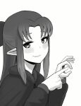  1girl blush bow donburi_(donburikazoku) greyscale hair_bow hand_gesture highres len_(tsukihime) long_hair looking_at_viewer monochrome penetration_gesture pointy_ears simple_background smile solo tsukihime white_background 