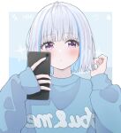  1girl alternate_hairstyle blue_hair blush bob_cut cellphone ene_mizunoawa highres lize_helesta nijisanji phone purple_eyes selfie short_hair solo sweater upper_body virtual_youtuber 