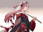  1girl black_kimono commentary_request floating_hair gradient gradient_background gradient_hair highres holding holding_sword holding_weapon hololive horns japanese_clothes katana kimono long_hair longlong_(drasdr7513) multicolored_hair nakiri_ayame obi oni oni_horns over_shoulder red_eyes red_hair sash side_bun silver_hair solo sword virtual_youtuber weapon weapon_over_shoulder wide_sleeves 