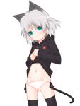  0123456789 1girl animal_ears black_legwear cat_ears cat_tail green_eyes hood hoodie kneehighs lifted_by_self lowleg panties pulling sanya_v_litvyak short_hair side-tie_panties silver_hair simple_background strike_witches tail underwear white_background world_witches_series 