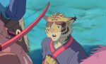  2016 5:3 anthro ashitaka bodily_fluids bow_(weapon) clothed clothing crossover duo eyebrows felid fur ghibli hi_res male mammal melee_weapon morenatsu open_mouth pantherine princess_mononoke ranged_weapon royalty scabbard sheathed_weapon shirako solo_focus sword tears thick_eyebrows tiger torahiko_(morenatsu) video_games visual_novel weapon 