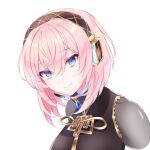  1girl alternate_hair_length alternate_hairstyle black_shirt blue_eyes brooch commentary gold_trim headphones jewelry kkr_rkgk light_smile looking_at_viewer megurine_luka pink_hair see-through_sleeves shirt short_hair solo upper_body vocaloid white_background 