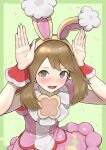  1girl animal_ears arms_up bangs blush brown_hair bunny_ears bunny_pose commentary_request easter eyelashes fake_animal_ears green_background grey_eyes hairband highres long_hair looking_at_viewer may_(pokemon) open_mouth pokemon pokemon_(game) pokemon_masters_ex purple_skirt red_wrist_cuffs short_sleeves shun_(aptx4869-shellingford) skirt smile solo tongue wrist_cuffs yellow_hairband 
