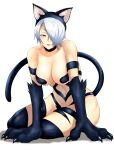  anagumasan angel_(kof) animal_ears bare_shoulders black_fur breasts cat_ears cat_girl cat_paws cat_tail claws cosplay felicia_(vampire) felicia_(vampire)_(cosplay) fur hair_over_one_eye highres large_breasts mexican navel paws snk tail the_king_of_fighters the_king_of_fighters_2001 the_king_of_fighters_xiv thick_thighs thighs toned vampire_(game) white_hair 