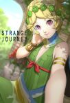  1girl armlet bajima_shouhei blonde_hair blurry blurry_background bracelet commentary_request copyright_name demeter_(megami_tensei) doi_masayuki_(style) dress flat_chest green_dress hand_on_own_cheek hand_on_own_face highres jewelry looking_at_viewer red_eyes shin_megami_tensei shin_megami_tensei:_strange_journey smile solo 