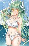  1girl bangs bare_arms bare_shoulders bikini blush breasts cleavage cowboy_shot dragon_horns eyebrows_visible_through_hair fate/grand_order fate_(series) green_hair highres horns kiyohime_(fate) kiyohime_(swimsuit_lancer)_(fate) large_breasts long_hair looking_at_viewer morizono_shiki navel outdoors parted_lips smile solo standing swimsuit thighs wading water wet white_bikini yellow_eyes 