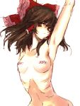  armpits black_hair breasts hakurei_reimu kuronuko_neero medium_breasts medium_hair nipple_tag nude red_ribbon ribbon ribs topless touhou 