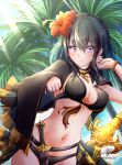  1girl bangs bikini black_bikini black_cape blue_eyes blue_hair blue_sky bracelet breasts byleth_(fire_emblem) byleth_(fire_emblem)_(female) cape clear_glass_(mildmild1311) cleavage closed_mouth cloud collarbone commentary_request covered_nipples cowboy_shot dagger day eyebrows_visible_through_hair fire_emblem fire_emblem:_three_houses fire_emblem_heroes flower glint groin hair_between_eyes hair_flower hair_ornament hands_up highres jewelry large_breasts light_rays long_hair looking_at_viewer midriff navel necklace official_alternate_costume palm_tree sheath sheathed sidelocks signature sky smile solo standing sunbeam sunlight swimsuit sword_of_the_creator tassel tree twitter_username weapon 