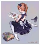  1girl absurdres animal_ears back_cutout black_dress black_footwear bow bwh clothing_cutout cup dress fake_animal_ears footwear_removed from_above from_behind hair_behind_ear highres holding holding_tray looking_back maid misaka_mikoto red_eyes school_uniform sitting soles solo sugar_cube tea teacup tied_hair toaru_kagaku_no_railgun toaru_majutsu_no_index tray wariza white_bow 