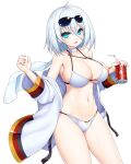  1girl absurdres asamura_hiori azur_lane bangs bikini blue_eyes breasts can choker commentary_request cross cross_earrings drink drinking_straw earrings eyewear_on_head feet_out_of_frame hair_between_eyes halterneck highres holding holding_drink jacket jewelry large_breasts looking_at_viewer off_shoulder open_clothes open_jacket open_mouth short_hair silver_hair simple_background skindentation soda_can solo standing string_bikini sunglasses swimsuit swimwear tirpitz_(azur_lane) white_background white_bikini white_choker white_hair white_jacket white_neckwear 
