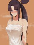 1girl absurdres arms_behind_back bangs blinkblink_art blush breasts breasts_apart brown_hair closed_mouth collarbone eyebrows_visible_through_hair fate/grand_order fate_(series) highres long_hair looking_at_viewer medium_breasts naked_towel nose_blush nude orange_background parted_bangs ponytail sidelocks signature simple_background solo steaming_body sweat towel ushiwakamaru_(fate) very_long_hair white_towel 