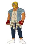  1boy absurdres artist_request axel_stone bare_knuckle_iv beard blonde_hair blue_eyes blue_headband buttons clenched_hands closed_mouth clothes_around_waist collarbone facial_hair fingerless_gloves full_body gloves headband highres jacket knees looking_at_viewer male_focus muscular muscular_male open_clothes open_jacket pants red_gloves shirt short_hair short_sleeves simple_background socks solo source_request standing torn_clothes torn_pants white_background white_legwear 