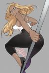  1girl 2021 :t agawa_ryou artist_name bare_shoulders blonde_hair blue_eyes breasts commentary dark_skin dark_skinned_female dated english_commentary grey_background high_heels large_breasts long_hair looking_back original pole sideboob signature solo sweatdrop 