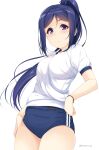  blue_buruma blue_hair buruma cameltoe gym_uniform highres hino_minato_(spec.c) long_hair looking_at_viewer love_live! love_live!_sunshine!! matsuura_kanan panties panty_peek pantylines purple_eyes shirt simple_background sportswear underwear wristband 