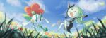  blurry closed_eyes closed_mouth cloud commentary_request day floating floette flower gen_5_pokemon gen_6_pokemon grass green_hair holding holding_flower long_hair meloetta mythical_pokemon open_mouth outdoors outstretched_arm petals pokemon pokemon_(creature) punico_(punico_poke) sky smile tongue |d 