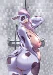  anthro areola big_breasts big_butt bodily_fluids bovid bovine breasts butt cattle digital_media_(artwork) facial_piercing female fur hair hi_res huge_breasts long_hair looking_at_viewer looking_back mammal nipple_piercing nipples nose_piercing nose_ring nude piercing septum_piercing shower simple_background smile solo thick_body thick_thighs wet wet_body wet_fur white_body white_fur wide_hips zanzagen 