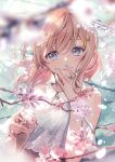  1girl bare_shoulders blonde_hair blue_eyes blurry blurry_foreground blush cherry_blossoms closed_mouth commentary_request duplicate finger_in_mouth flower food hair_ornament hairclip highres holding holding_food ice_cream_cone kagawa_ichigo looking_at_viewer medium_hair nail_polish original petals shirt smile solo tree tree_branch white_shirt 