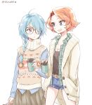  2girls :o alternate_costume bag beige_sweater bespectacled black_skirt black_tank_top blue_eyes blue_hair braid breasts chris_(cross_ange) cleavage coffee_cup collarbone collared_shirt cross_ange cup denim denim_shorts disposable_cup duplicate glasses hair_behind_ear hair_over_one_eye holding holding_bag holding_cup looking_down mole mole_under_eye multiple_girls one_eye_covered open_mouth orange_hair plaid plaid_shirt purple_eyes rosalie_(cross_ange) shinoasa shirt short_shorts shorts skirt smile tank_top 