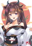  1girl :d alternate_costume animal_ears animal_print azur_lane bangs bare_shoulders breasts brown_hair cleavage cow_ears cow_horns cow_print eyebrows_visible_through_hair furisode highres horns japanese_clothes kashino_(azur_lane) kimono large_breasts long_hair looking_at_viewer off_shoulder open_mouth purple_eyes shimotsuki_shio smile solo 