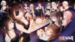  404_(girls_frontline) 6+girls absurdres agent_(girls_frontline) alcohol alternate_costume anniversary anti-rain_(girls_frontline) black_dress bottle breasts cake cleavage coaster cup dress drinking drinking_glass drunk elisa_(girls_frontline) executioner_(girls_frontline) food formal g11_(girls_frontline) girls_frontline gomzi highres hk416_(girls_frontline) hunter_(girls_frontline) jack_daniel&#039;s m16a1_(girls_frontline) m4_sopmod_ii_(girls_frontline) m4a1_(girls_frontline) macaron multiple_girls official_art plate ro635_(girls_frontline) sangvis_ferri siblings sisters sleepy st_ar-15_(girls_frontline) suit twins ump45_(girls_frontline) ump9_(girls_frontline) wine_bottle wine_glass 