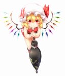  1girl blonde_hair bow clothes_writing crop_top crystal fang fingernails flandre_scarlet hat highres leaning_forward leaning_on_object looking_at_viewer m9kndi mob_cap race_queen red_eyes red_footwear red_shirt red_shorts ribbon shirt short_hair short_shorts shorts skin_fang sleeveless sleeveless_shirt smile solo touhou umbrella wings 