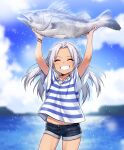  1girl :d absurdres animal arms_up blue_shorts blurry blurry_background blush character_request closed_eyes commentary_request copyright_request cowboy_shot day fish grin highres holding holding_animal holding_fish korean_commentary long_hair ocean open_mouth shell_necklace shirt short_shorts short_sleeves shorts silver_hair sky smile solo striped striped_shirt supernew white_shirt wristband 