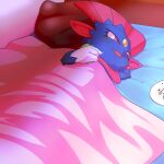  alacarte ambiguous_gender bed bed_sheet bedding cover detailed_background feral food fruit furniture hand_behind_head hi_res holding_food holding_object inside looking_aside lying nintendo on_side open_mouth pillow plant plate pok&eacute;mon pok&eacute;mon_(species) solo video_games weavile 