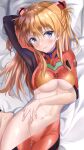  1girl @shun arm_up armpits ass_visible_through_thighs blonde_hair blue_eyes blush breasts highres interface_headset long_hair looking_at_viewer lying midriff midriff_peek navel neon_genesis_evangelion on_back plugsuit revealing_layer skin_tight solo souryuu_asuka_langley stomach twintails underboob 