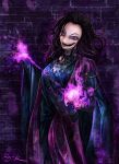  1girl agatha_harkness amulet black_hair brick_wall commentary_request energy glowing highres long_hair looking_at_viewer marvel purple_eyes ray-k robe signature smirk solo wandavision wide_sleeves witch 