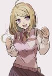  1girl :d ahoge akamatsu_kaede bangs blonde_hair brown_neckwear clenched_hands collared_shirt danganronpa_(series) danganronpa_v3:_killing_harmony hair_ornament hands_up highres huyuharu0214 long_hair musical_note_hair_ornament necktie open_mouth pink_eyes pink_vest pleated_skirt shirt simple_background skirt smile sweater_vest upper_teeth vest white_background white_shirt 