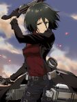  1girl absurdres arm_up belt black_eyes black_gloves black_hair black_jacket black_pants bob_cut breasts cloud gloves hair_between_eyes hair_strand highres holding holding_weapon jacket long_bangs looking_at_viewer medium_breasts micaoz mikasa_ackerman official_style pants parted_lips red_scarf red_shirt scarf shingeki_no_kyojin shirt short_hair sky solo thigh_strap three-dimensional_maneuver_gear trench_coat weapon 