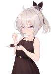  1girl absurdres bare_shoulders blush cake collarbone dress eating flat_chest food girls_frontline grey_hair highres looking_at_viewer m200_(girls_frontline) mari0ball medium_hair official_alternate_costume purple_eyes solo tied_hair 