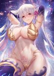  1girl armlet armor armpits arms_behind_head arms_up azto_dio bangs bare_shoulders bikini_armor blush breasts circlet cleavage earrings fate/grand_order fate_(series) flower_tattoo hair_ribbon highres jewelry kama_(fate) large_breasts long_hair looking_at_viewer pubic_tattoo red_eyes ribbon silver_hair smile sweat tattoo thighlet thighs watermark web_address 