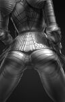  1girl absurdres armor ass ass_focus feet_out_of_frame from_behind full_armor head_out_of_frame highres impossible_armor plate_armor scabbard sheath simple_background solo sword wassnonnam weapon 