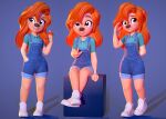  3d_(artwork) anthro beauty_mark boots canid canine canis clothed clothing digital_media_(artwork) disney domestic_dog female footwear goof_troop hair hand_in_pocket hi_res lemurfeature mammal mole_(marking) mole_under_eye open_mouth orange_hair overalls playing_with_hair pockets roxanne_(goof_troop) sitting smile solo standing teeth 
