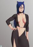  1girl abs black_clothes black_nails blue_hair breasts character_request cleavage collar copyright_request cowboy_shot glasses hand_on_hip hand_on_own_thigh highres large_breasts long_hair navel pubic_hair pubic_hair_peek putcher sheer_clothes simple_background 