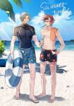  2boys beach bko123 black_headband blue_sky brown_eyes brown_hair cloud covered_navel day eating floral_print food grey_hair headband highres holding holding_food innertube kyan_reki langa_hasegawa male_swimwear messy_hair mouth_hold multiple_boys navel outdoors popsicle sandals short_hair sk8_the_infinity sky standing swim_trunks swimwear toned toned_male towel_on_one_shoulder 